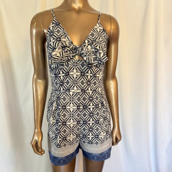 Japna Spaghetti Strap Romper with Tie Front and Pockets - Navy and White - Picture 1 of 8